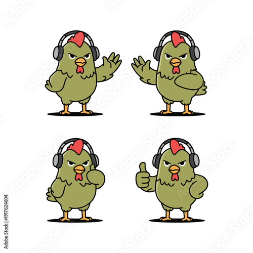 Cartoon chicken DJ characters with headphones gesturing different emotions on white background