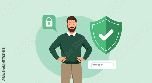 Man standing confidently with hands on hips, surrounded by security symbols and password field, illustrating online safety and secure login process