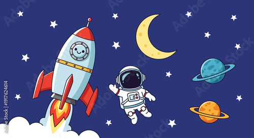 Astronaut floating in space with rocket ship launching towards planets and stars under crescent moon