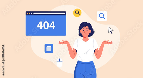 A confused woman shrugs near a large 404 error screen with search icons floating around her