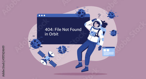 Astronaut lost in space with error message on screen, floating amidst debris, illustration, futuristic scene, digital artwork, surreal environment