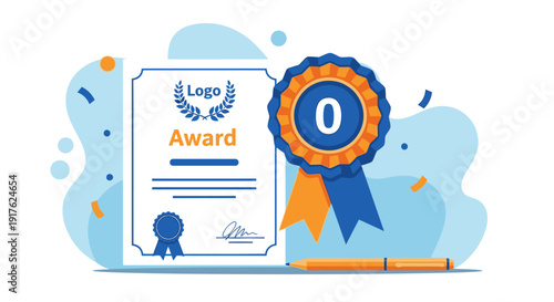 A certificate with an award ribbon and confetti is displayed on a clean background with a pen nearby, showcasing achievement and recognition.