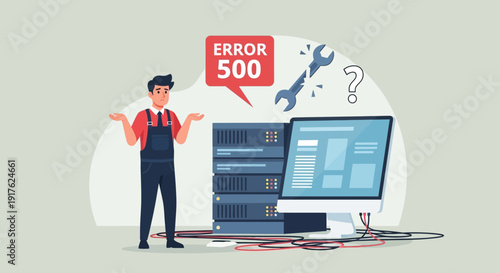 A technician debugging a server with a computer displaying an error message in a technical environment from a front viewpoint.