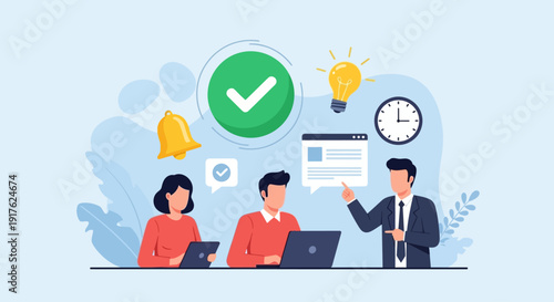 Team collaborating on project with laptops and presentation in modern office environment from overhead viewpoint