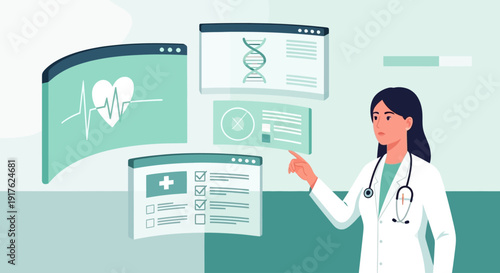 Female doctor explaining medical records on digital screens in a modern healthcare setting