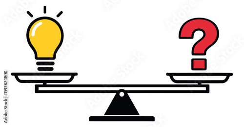 Line art illustration of a light bulb and question mark depicting ideas and questions balanced on a scale for problem solving