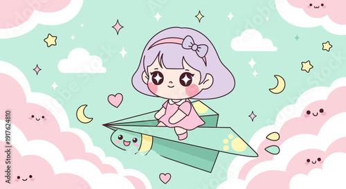 A young girl flying on a pencil through a whimsical sky filled with clouds and stars