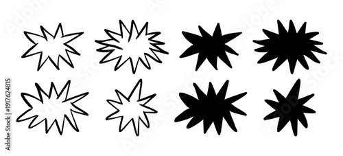 Hand drawn abstract starburst shapes in bold black and white vector style. Rough doodle explosion elements with outline and solid variations inspired by comic flash effects. Graphic decorative set