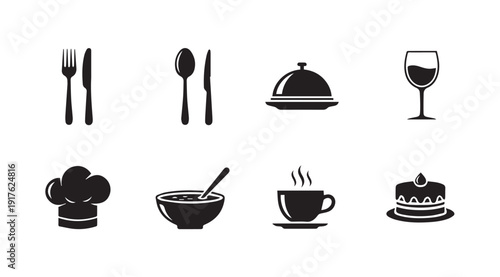 Food Service Icons: Utensils, Chef Hat, Soup, Coffee, Wine, Cake, Cloche | Stock Media