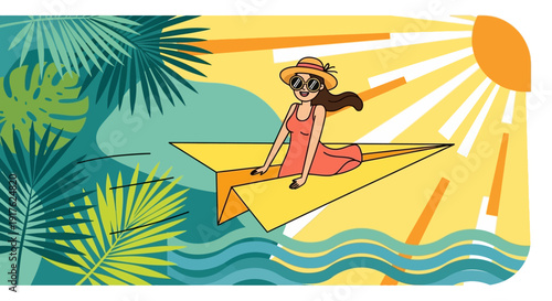 Woman in a red dress sailing on a paper boat in the ocean under a sunny sky
