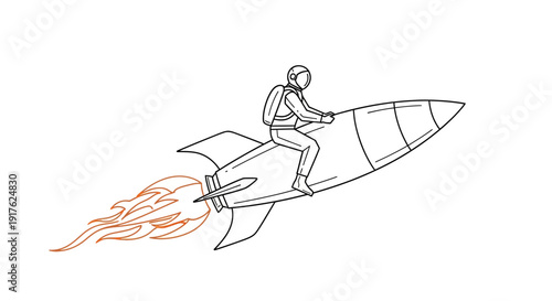 A person riding a rocket with flames erupting from the back, viewed from the side, in a simple line art style