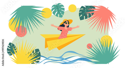 Woman flying a paper airplane over tropical leaves and ocean waves in a serene landscape view