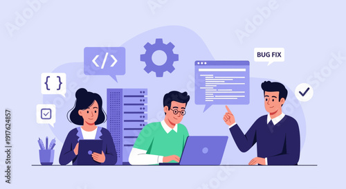 Developers collaborating on coding project at office desk with laptops and code snippets displayed