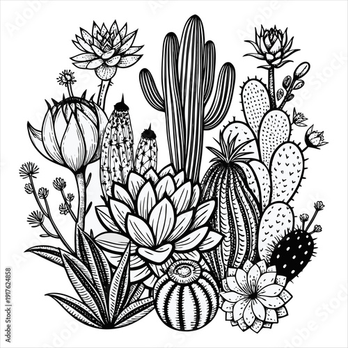 Hand Drawn Cactus and Succulent Collection Botanical Line Art Vector Illustration
