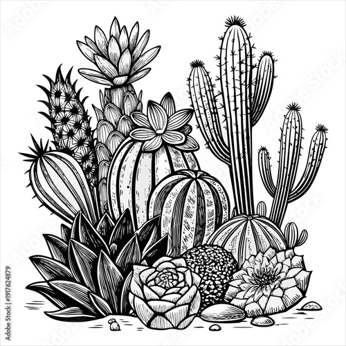 Hand Drawn Cactus and Succulent Collection Botanical Line Art Vector Illustration