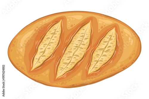Bread loaf top view vector hand drawn illustration. Italian food cartoon drawing for cafe menu and restaurant template. Isolated baguette with crusty scratch drawing perfect for culinary book graphic.