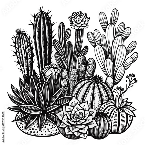 Hand Drawn Cactus and Succulent Collection Botanical Line Art Vector Illustration