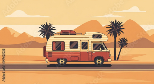 Vintage camper van driving through desert landscape with palm trees and mountains