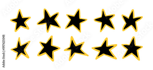 Hand drawn black star set with bold yellow outline in playful crayon style. Graphic vector collection of five point stars with rough organic edges and bright contrasting border. Decorative