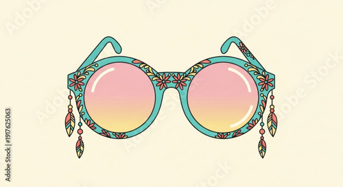 Vibrant turquoise sunglasses with floral pattern and feather tassels on a pale background