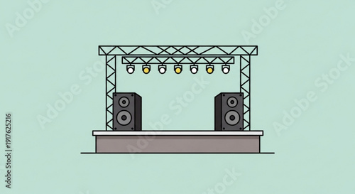 Stage setup with truss lighting system speakers and gray platform against a light green background ideal for events and performances