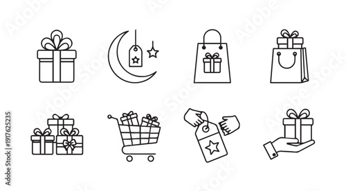 Gift Icons Set: Presents, Shopping Bag, Cart, Crescent Moon, Tags - Line Art