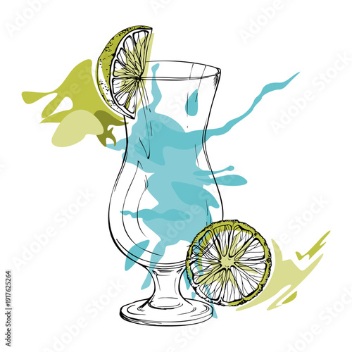 Vector Blue Lagoon, Electric lemonade tropical alcoholic cocktail, hurricane glass hand drawn in ink, lime wheel with juice splatter. Bright turquoise splash. Summer branding, packaging, event design.