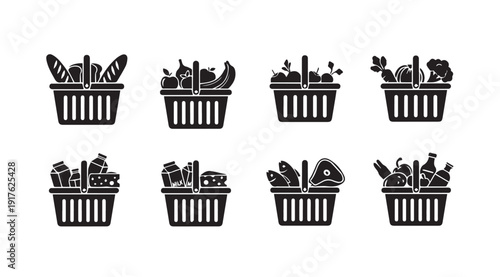 Grocery Shopping Basket Icons with Assorted Food Items - Vector Collection