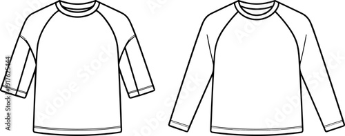 Black and white technical fashion sketch of raglan sleeve shirts with crew neckline, three-quarter and full-length sleeves, seam construction details