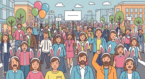 Easter celebration crowd wearing bunny ears walking down city street with balloons and buildings