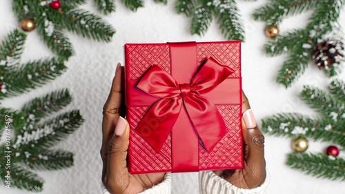 Hands Holding Red Gift Box Christmas Decor.