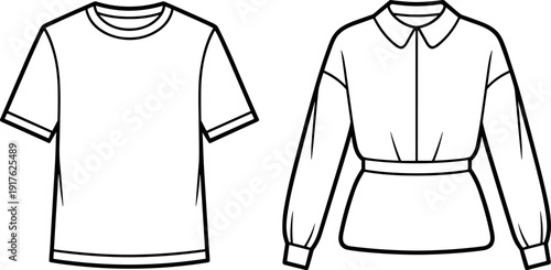 Black and white technical fashion sketch showing casual short-sleeved crewneck T-shirt and formal long-sleeved blouse with collar, buttons, pleats