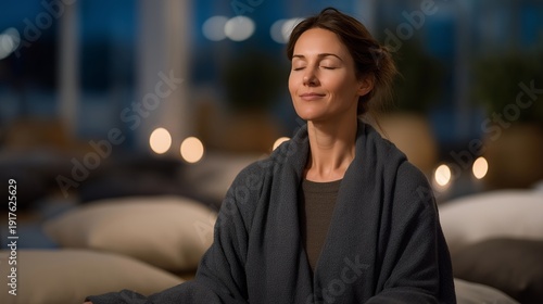 Mindfulness meditation class emphasizing the benefits of brain plasticity through serene practices that enhance focus and emotional well-being. Soft lighting in a tranquil room filled with plush