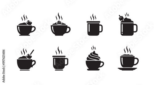 Hot Beverage Icons Set - Coffee, Cocoa, Tea with Steam and Marshmallows
