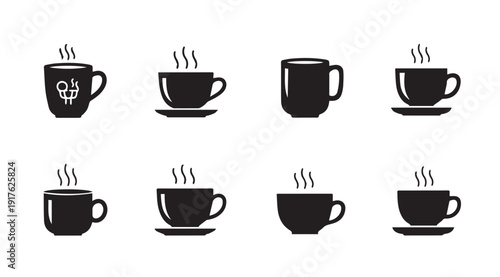 Hot Coffee Cups Collection, Steaming Beverage Icons, Cafeteria & Cafe Symbols, Stock Media