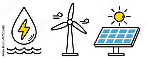 Hand drawn line art renewable energy icon set featuring water power, wind energy, and solar energy symbols for sustainable power generation