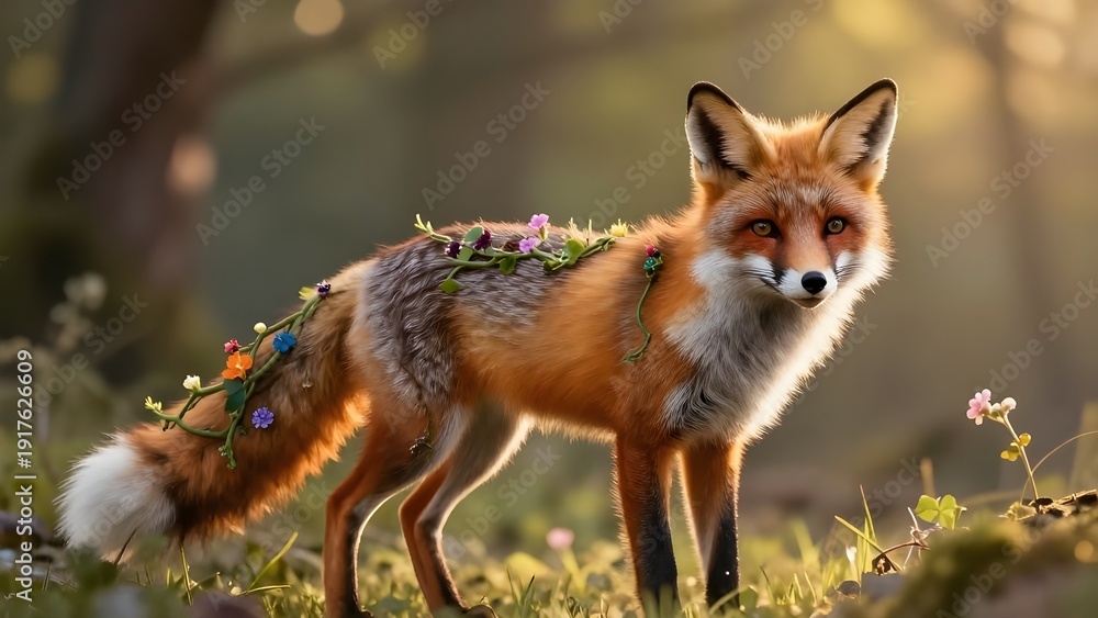 Fototapeta premium Fox adorned with colorful flowers in a magical mystical forest.