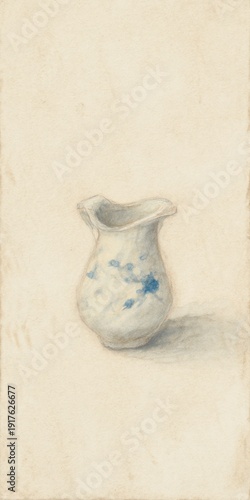 A delicate watercolor depicting a small vase with a ruffled rim and blue floral detailing