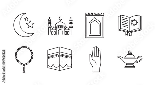 Islamic Icons Collection: Mosque, Kaaba, Prayer Mat, Quran, Moon Star, Hand, Lamp, Rosary - Line Art