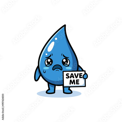 A sad, crying cartoon water droplet character holding a sign that says "SAVE ME", illustrating a plea for water conservation.