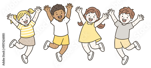Cute hand drawn line art children set featuring diverse boys and girls jumping with joy for educational and playful designs