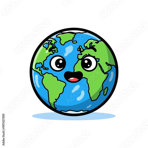 A cute and happy cartoon Earth character with big eyes and a smiling mouth, showing continents and oceans.