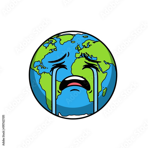 A cartoon illustration of the Earth crying with large blue tears, depicting sadness or environmental distress.