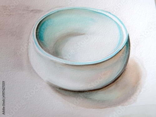 Watercolor painting of a rounded white bowl, casting a soft shadow on a textured paper background