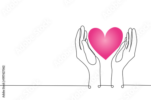 line drawing of two hands gently holding a large pink heart with copy space on horizontal white background, vector illustration, representing love, charity, and healthcare support