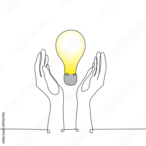 Minimalist continuous line drawing of two human hands held up towards a glowing yellow light bulb, vector illustration, representing inspiration, new ideas, and creative protection