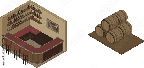Isometric bar interior with counter stools shelves and wooden barrels vector illustration isolated on white background