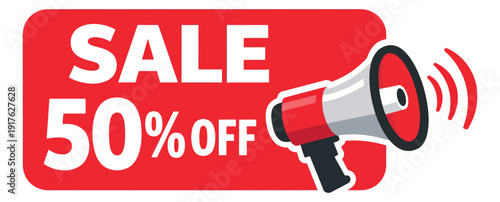Flat design illustration of a sale 50% off banner depicting a megaphone announcement for marketing promotion