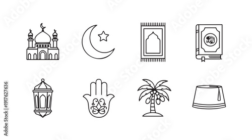 Islamic Icons: Mosque, Crescent Moon, Prayer Mat, Quran, Lantern, Hamsa, Palm Tree, Kufi Hat