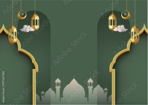 ramadhan kareem. islamic greetings ramadan kareem card design background with lanterns and crescent moon. vector illustration
